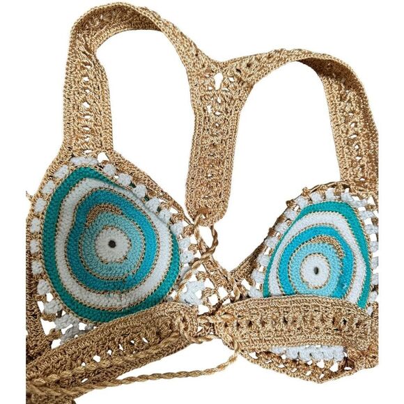 MYBEACHYSIDE Teal and Gold Crochet Bikini Top - Size S - NWT - Picture 2 of 2